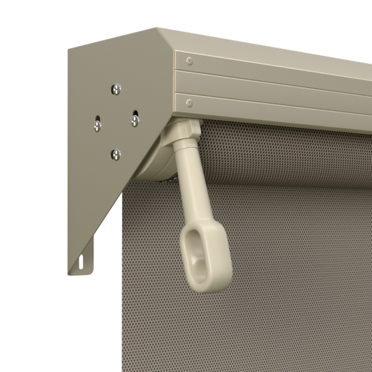 Crank Outdoor Blind - Caramel Fabric with Paperbark Semi-Enclosed Pelmet