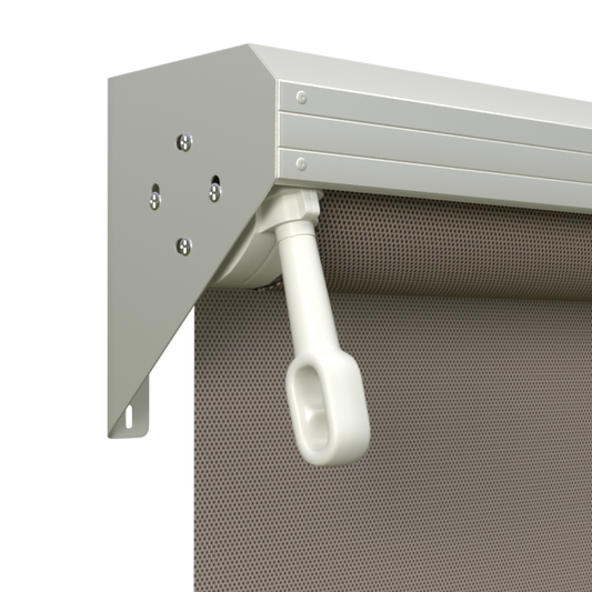 Crank Outdoor Blind - Caramel Fabric with Surfmist Semi-Enclosed Pelmet