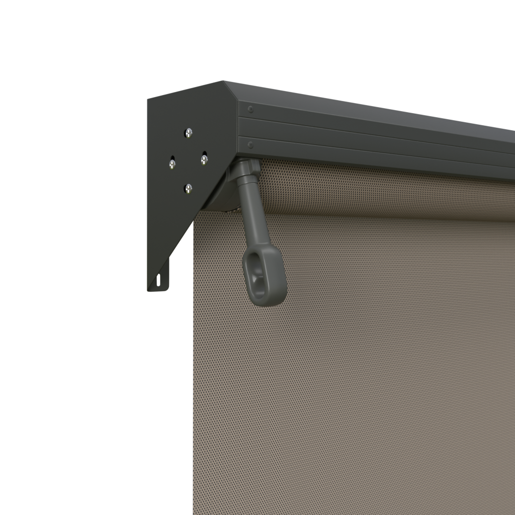 Crank Outdoor Blind - Caramel Fabric with Woodland Grey Semi-Enclosed Pelmet